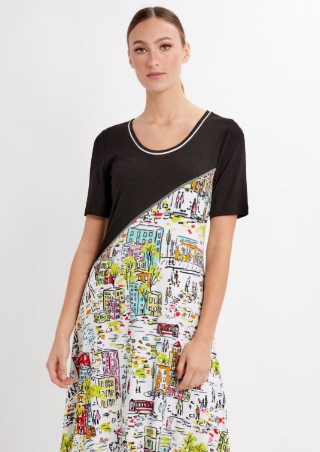 Dolcezza 24126 Black/Multi-Color Cityscape Dress