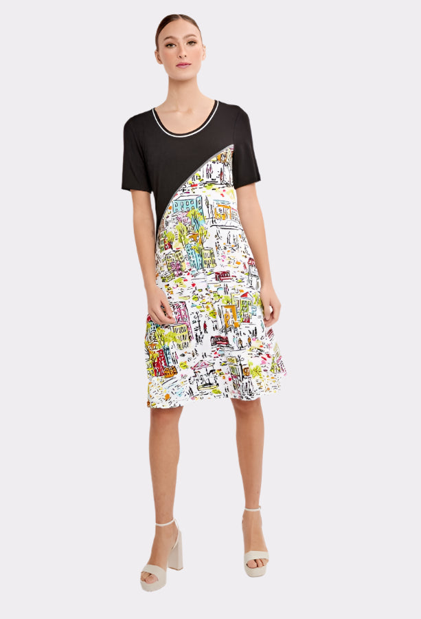 Dolcezza 24126 Black/Multi-Color Cityscape Dress