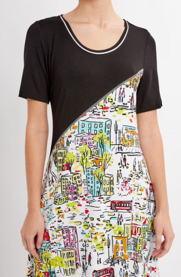 Dolcezza 24126 Black/Multi-Color Cityscape Dress