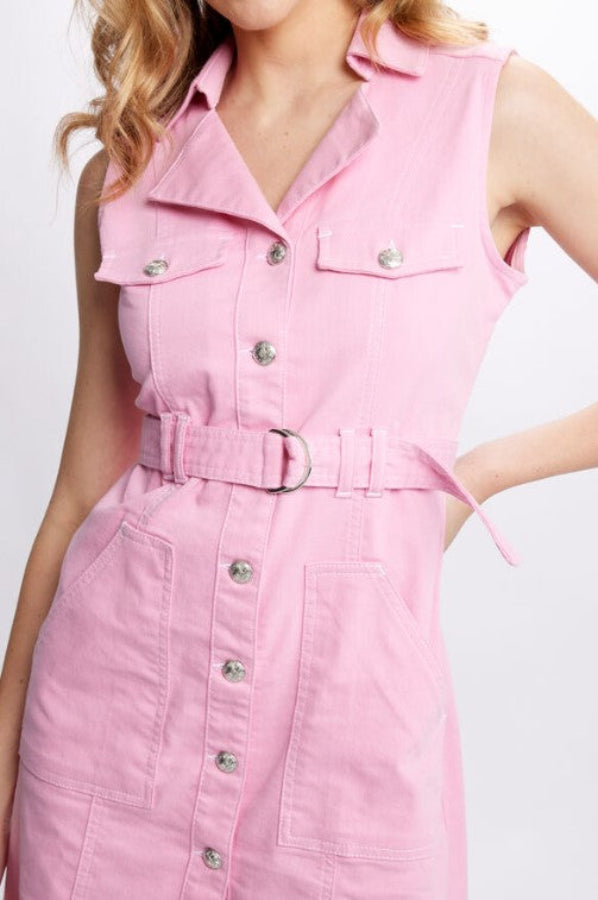 Dolcezza 24201 Pink Denim Sleeveless Belted Dress