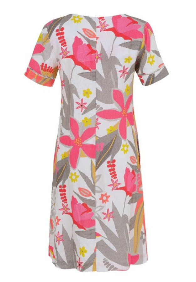 Dolcezza 25703 Pink/Multi-Color Floral Print Linen Dress