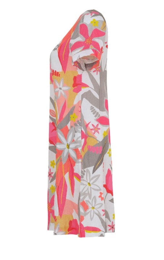 Dolcezza 25703 Pink/Multi-Color Floral Print Linen Dress