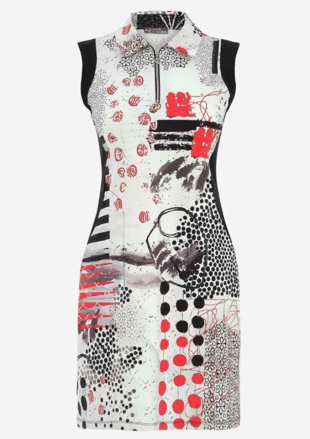 Dolcezza 25758 Black/White/Red "Coral Shards" Abstract Print Dress