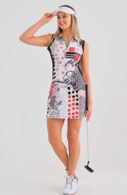 Dolcezza 25758 Black/White/Red "Coral Shards" Abstract Print Dress