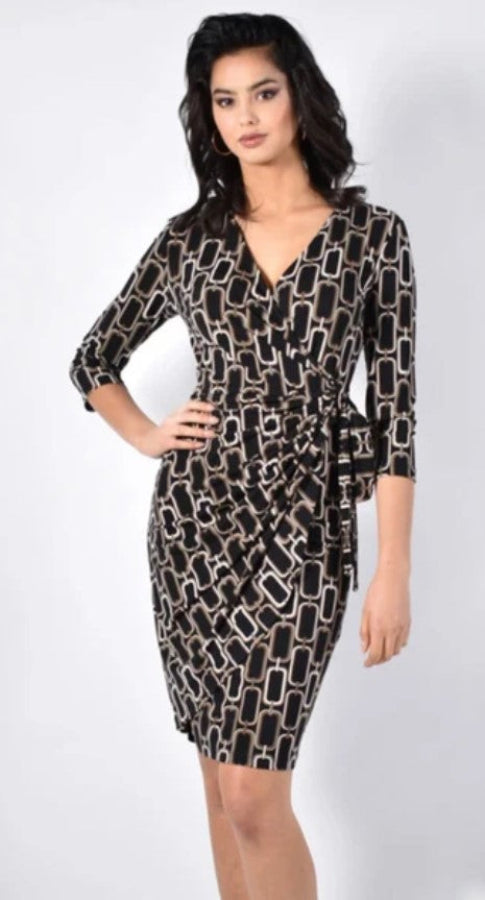 Frank Lyman 40051 Black/Tan Chain Print V-Neck Dress