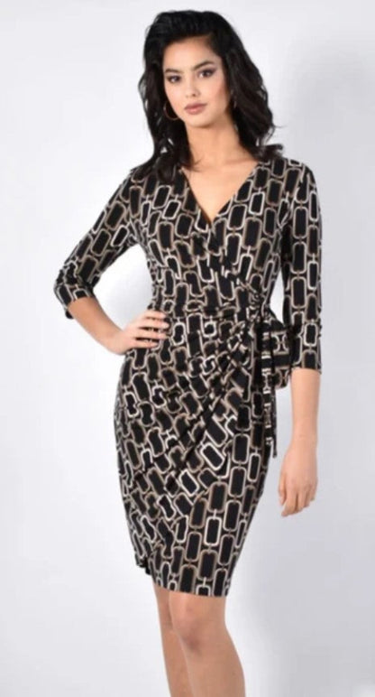Frank Lyman 40051 Black/Tan Chain Print V-Neck Dress