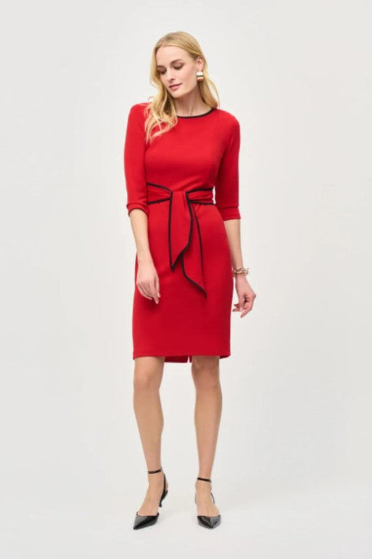 Joseph Ribkoff 221210F24 Lipstick Red/Black Contrast Trim Waist Tie Sheath Dress