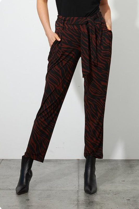 Joseph Ribkoff 223078 Black/Brown Animal Print Belted Pull On Straight Pants