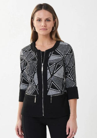 Joseph Ribkoff 223080 Black/White Geometric Print Zip Jacket