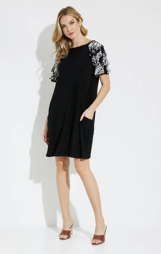 Joseph Ribkoff 231048 Black/Beige/Cream Tiered Butterfly Print Sleeves Dress