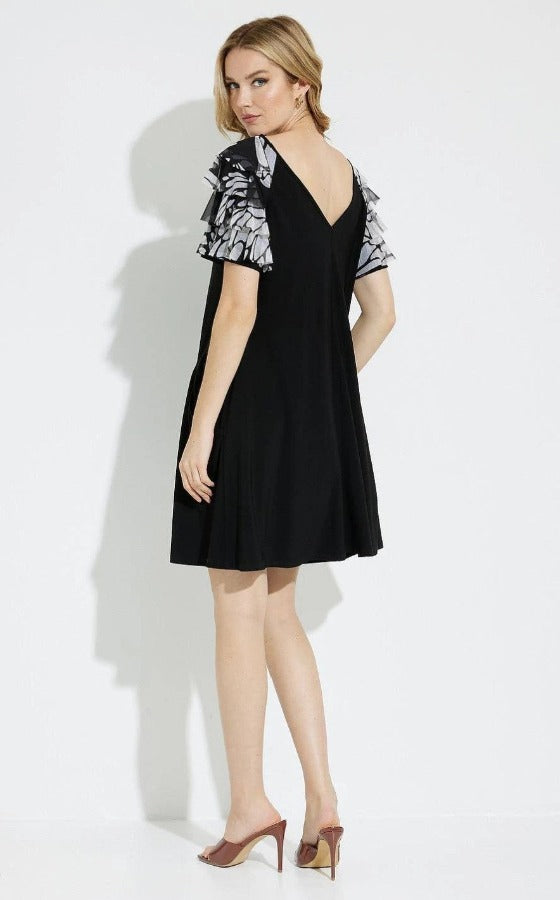 Joseph Ribkoff 231048 Black/Beige/Cream Tiered Butterfly Print Sleeves Dress
