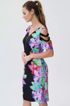 Joseph Ribkoff 231226 Black/Multi Floral Print Cold Shoulder Sheath Dress