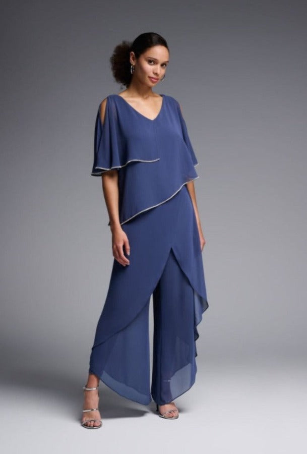 Joseph Ribkoff 231720 Mineral Blue Rhinestone Trim Layered Chiffon Top