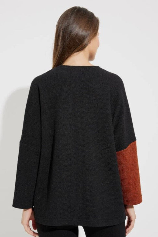 Joseph Ribkoff 233055 Black/Tandoori Faux Leather Two Tone Sweater Top