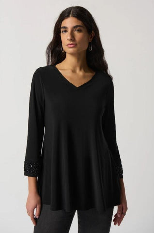 Joseph Ribkoff 233079 Black V-Neck Embellished Cuff Tunic Top