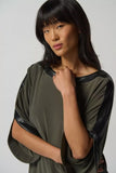 Joseph Ribkoff 233129 Avocado/Black Boxy Pleather Trim Dolman Sleeve Top