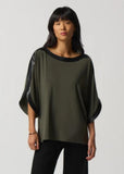 Joseph Ribkoff 233129 Avocado/Black Boxy Pleather Trim Dolman Sleeve Top