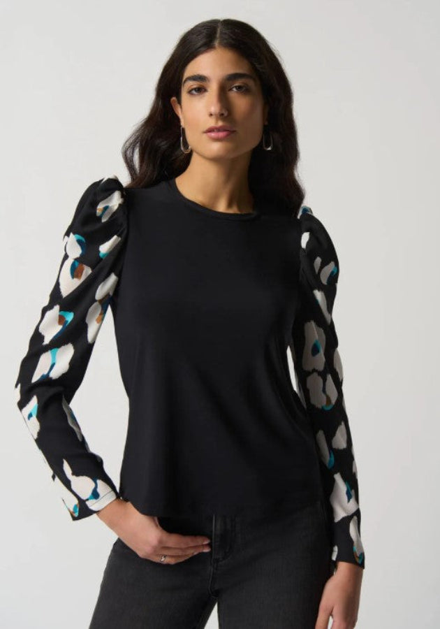 Joseph Ribkoff 233149 Black/Multi-Color Print Puff Sleeve Top