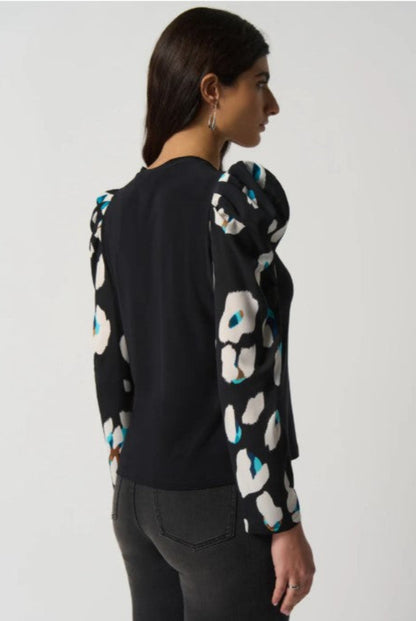 Joseph Ribkoff 233149 Black/Multi-Color Print Puff Sleeve Top