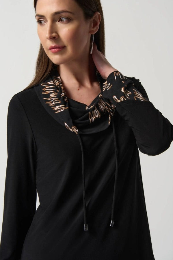Joseph Ribkoff 233171 Black/Multi Script Print Cowl Neck Tunic Top