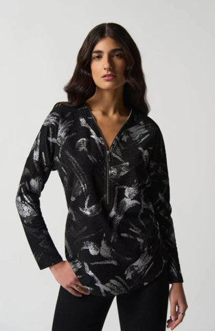 Joseph Ribkoff 233207 Black/Silver Abstract Print Zip Top