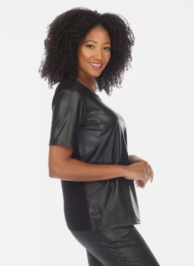 Joseph Ribkoff 233281 Black Faux Leather Front Short Sleeve Top
