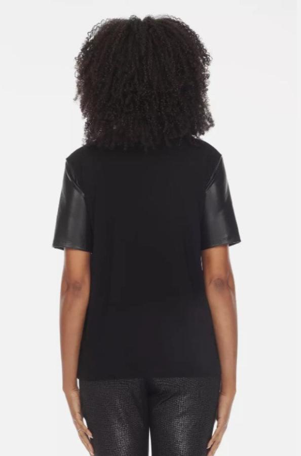 Joseph Ribkoff 233281 Black Faux Leather Front Short Sleeve Top