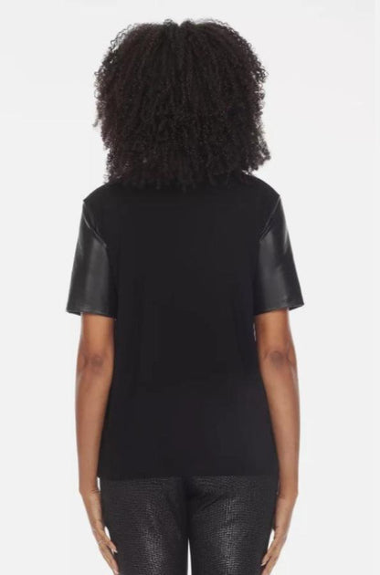 Joseph Ribkoff 233281 Black Faux Leather Front Short Sleeve Top