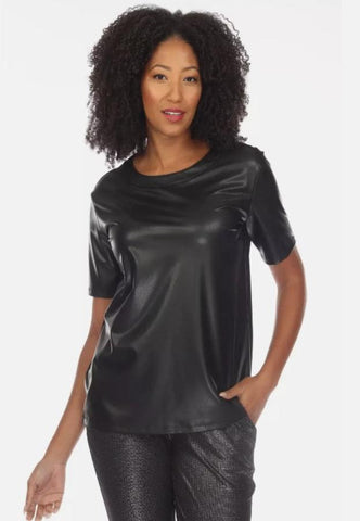 Joseph Ribkoff 233281 Black Faux Leather Front Short Sleeve Top