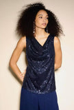 Joseph Ribkoff 233790 Sequined Draped Cowl Neck Sleeveless Top