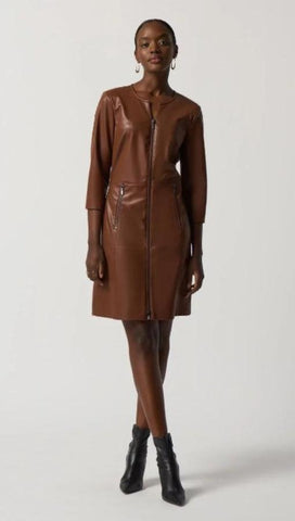 Joseph Ribkoff 233920 Toffee Faux Leather 3/4 Sleeve A-Line Dress