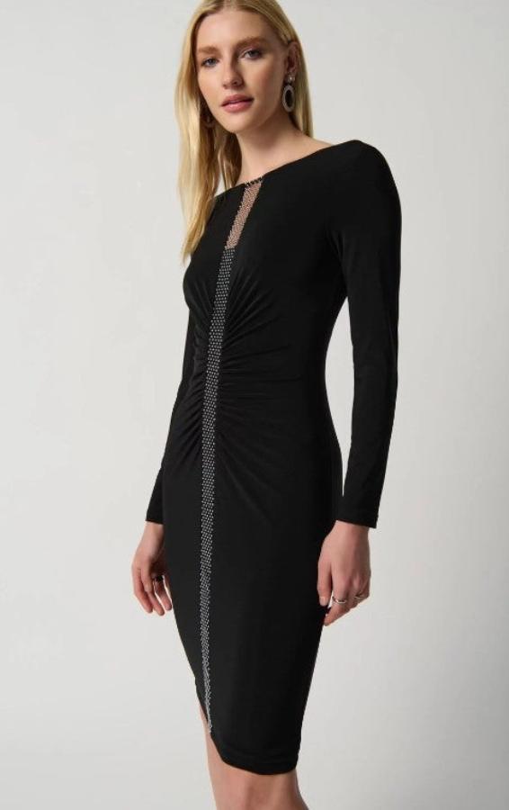 Joseph Ribkoff 234013 Black Embellished Mesh Detail Ruched Sheath Dress