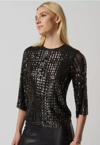 Joseph Ribkoff 234176 Black/Gold Sequined Mesh 3/4 Sleeve Top