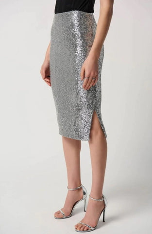 Joseph Ribkoff 234259 Silver Grey/Silver Sequined Side Slit Pencil Skirt