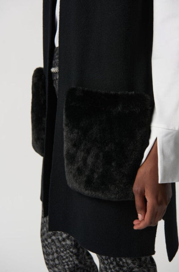 Joseph Ribkoff 234912 Black Faux Fur Sweater Knit Longline Vest