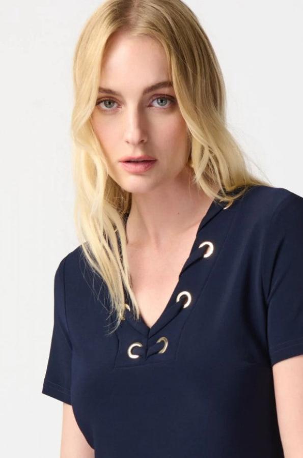 Joseph Ribkoff 241012 Midnight Blue Eyelet Details Short Sleeve Shift Dress