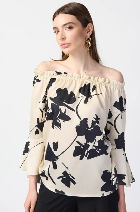 Joseph Ribkoff 241022 Beige/Black Floral Print Off-Shoulder Bell Sleeve Satin Top