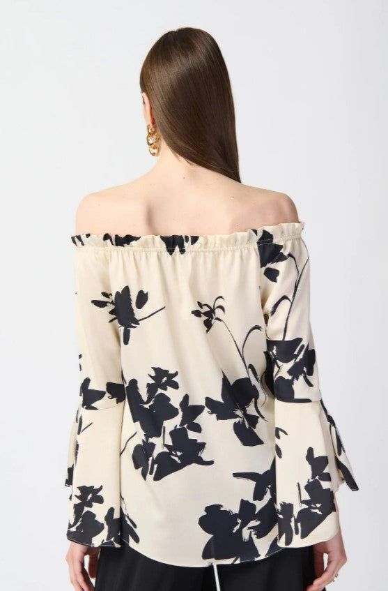 Joseph Ribkoff 241022 Beige/Black Floral Print Off-Shoulder Bell Sleeve Satin Top