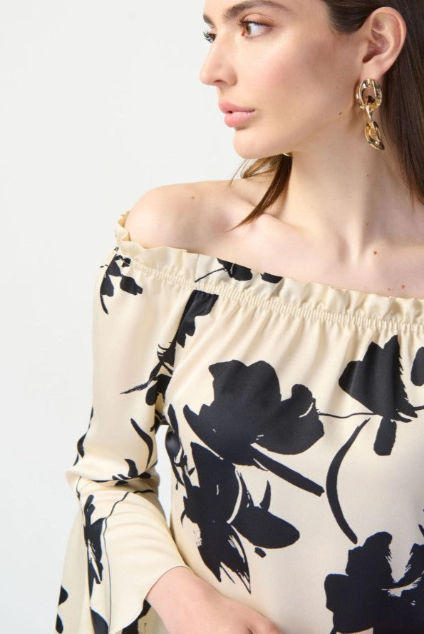 Joseph Ribkoff 241022 Beige/Black Floral Print Off-Shoulder Bell Sleeve Satin Top