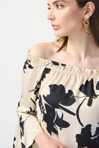Joseph Ribkoff 241022 Beige/Black Floral Print Off-Shoulder Bell Sleeve Satin Top