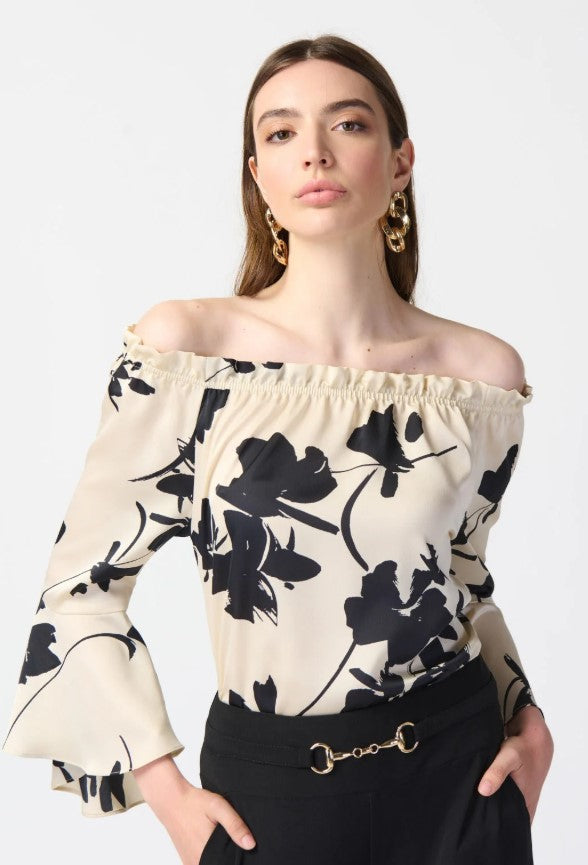 Joseph Ribkoff 241022 Beige/Black Floral Print Off-Shoulder Bell Sleeve Satin Top