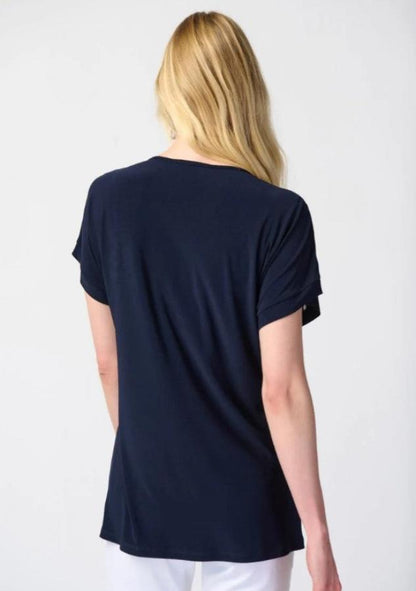 Joseph Ribkoff 241032 Midnight Blue/Vanilla Leaf Print Asymmetric Hem Top