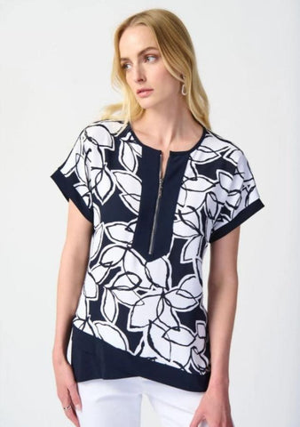 Joseph Ribkoff 241032 Midnight Blue/Vanilla Leaf Print Asymmetric Hem Top