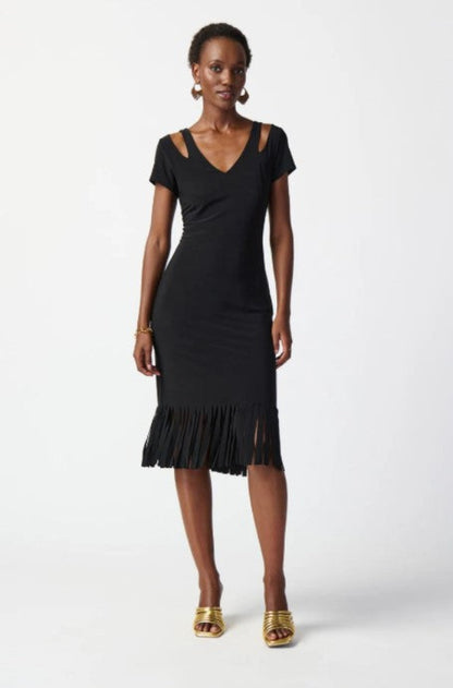 Joseph Ribkoff 241053 Black Sheath Fringe Dress