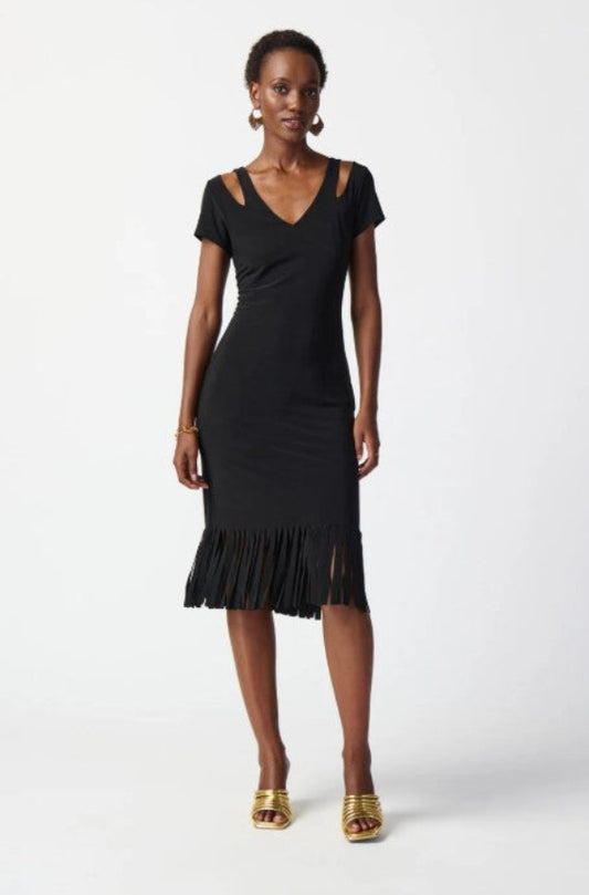 Joseph Ribkoff 241053 Black Sheath Fringe Dress