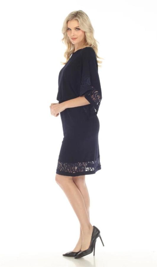 Joseph Ribkoff 241083 Midnight Blue Lace Trim Kimono Sleeve Blouson Dress