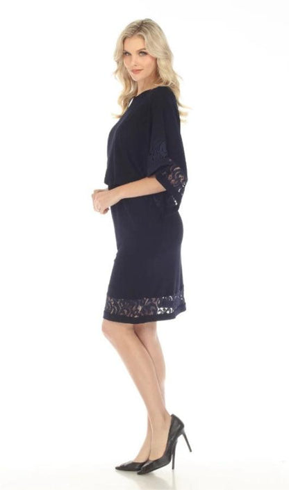 Joseph Ribkoff 241083 Midnight Blue Lace Trim Kimono Sleeve Blouson Dress