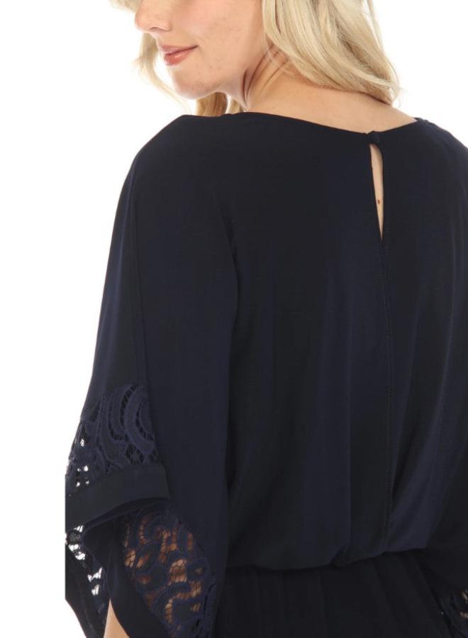 Joseph Ribkoff 241083 Midnight Blue Lace Trim Kimono Sleeve Blouson Dress