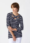 Joseph Ribkoff 241087 Midnight Blue/Vanilla Striped Cutout Detail Top