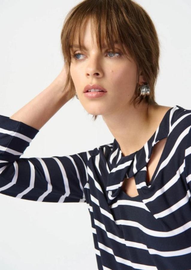 Joseph Ribkoff 241087 Midnight Blue/Vanilla Striped Cutout Detail Top